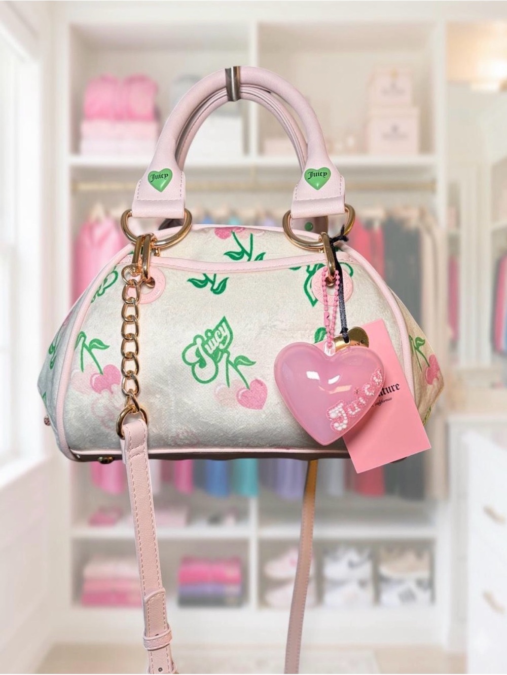 Juicy Couture Pink Cherry Heart Satchel with Gold Chain